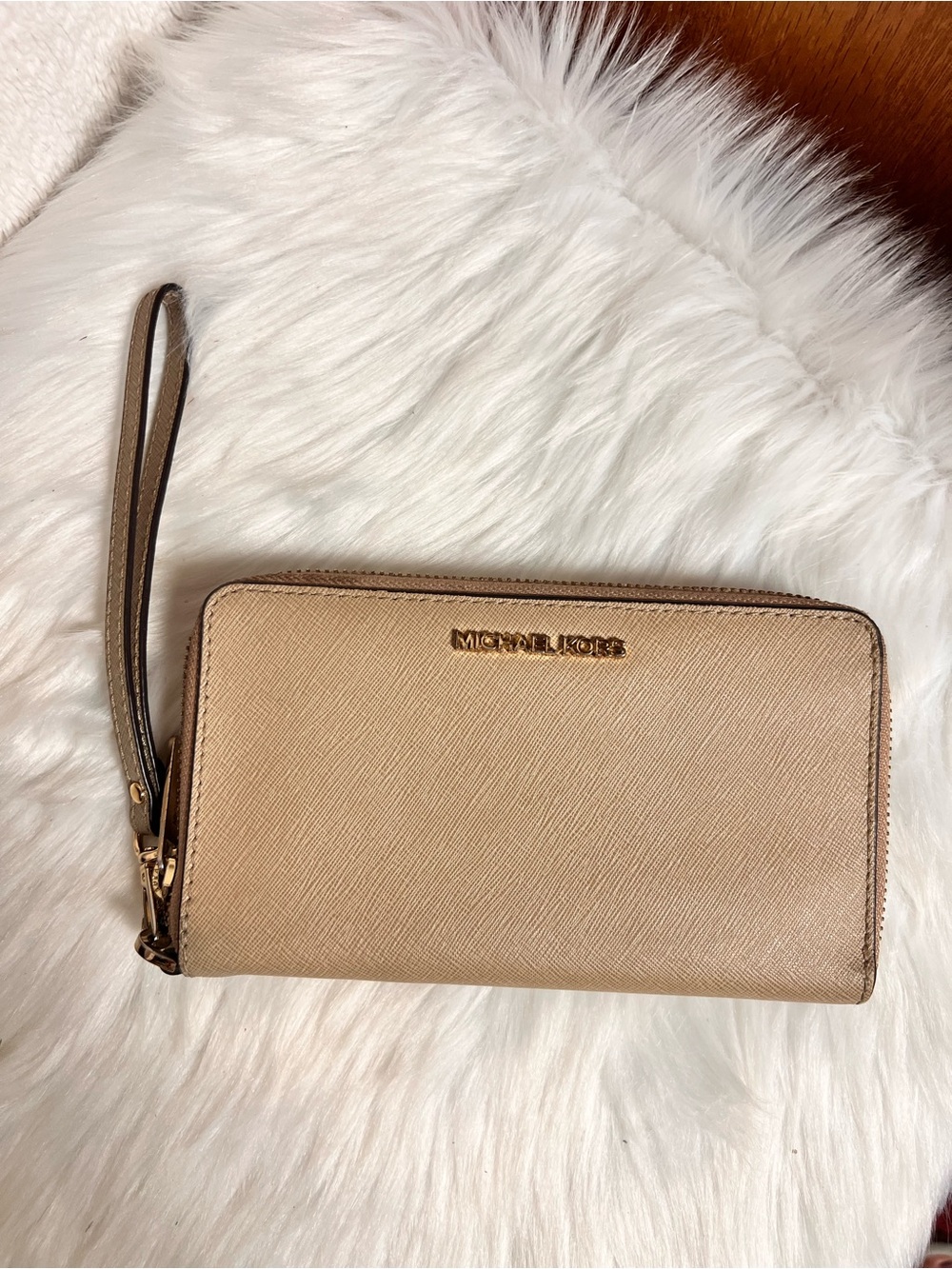 Michael Kors Tan Saffiano Leather Zip-Around Wristlet Wallet